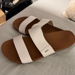 Reef Two-Strap White Over Brown Slide Sandals
